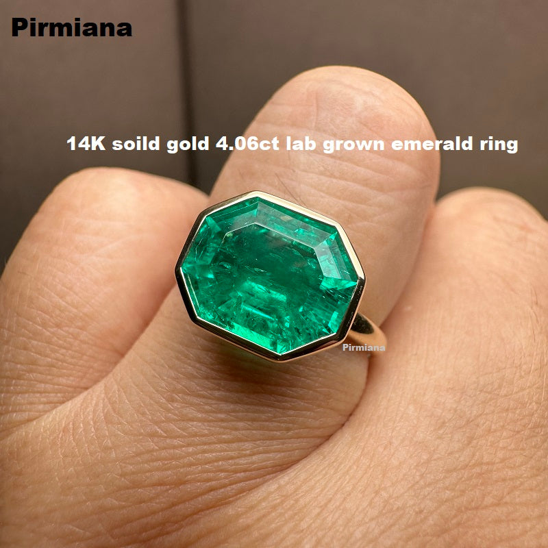 Pirmiana Custom Design 14K Soild Gold 4.06ct Lab Grown Emerald Ring